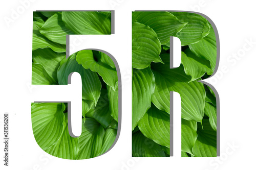 Inscription 5R made from green leaves. Concept of environmental friendly living.