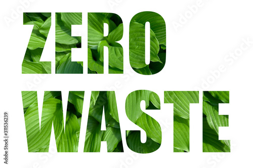 zero waste text with green leaves on white background
