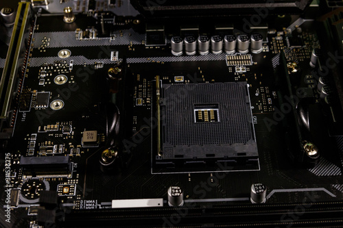 Close-up of a modern computer motherboard. Electronic computer hardware technology