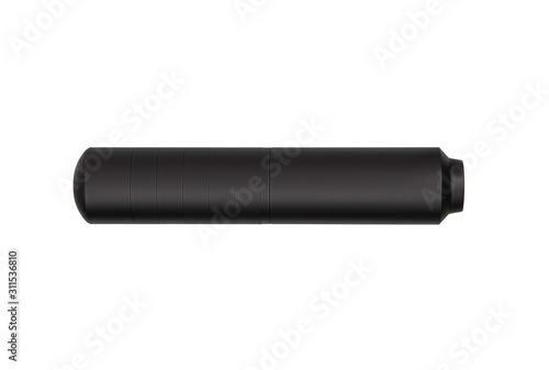 Black silencer for weapons. Suppressor that is at the end of an assault rifle. photo