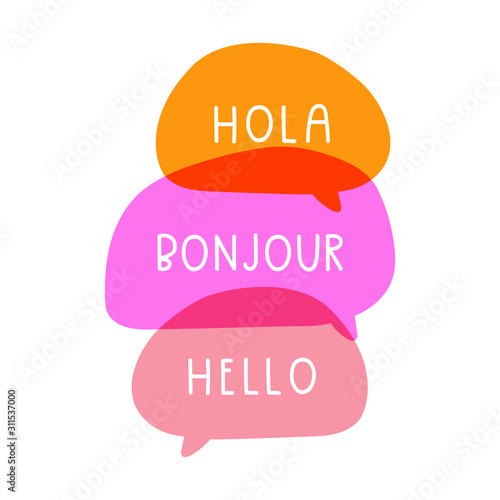 Hola, bonjour, hello. Bilingual translation concept. Vector hand drawn, lettering illustration on white background.