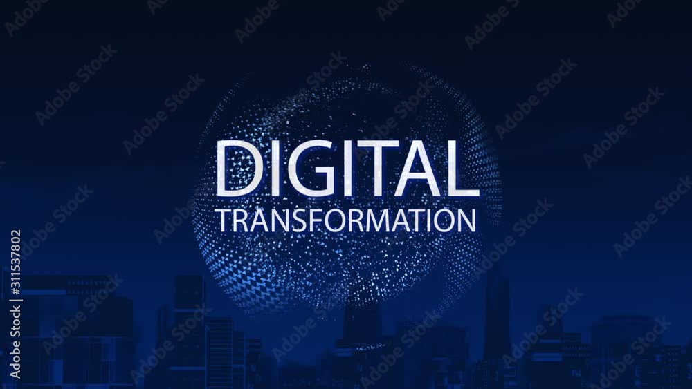 Head Title Digital Transformation and Futuristic World on Cityscape futuristic 3d city neon light with power energy ball light.