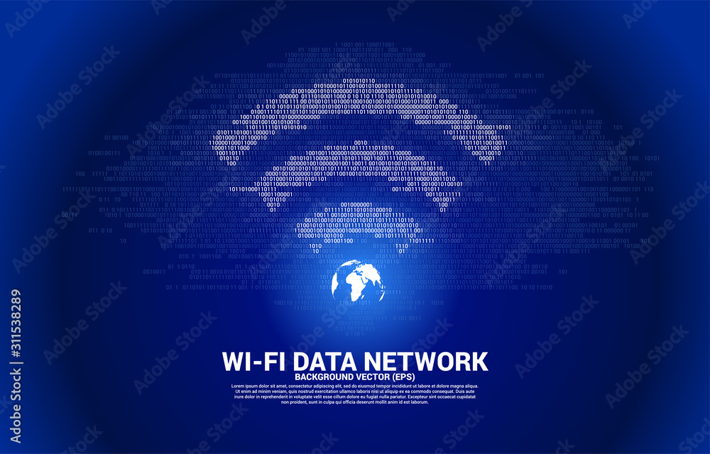 Vector world with wi-fi mobile data icon with one and zero binary code ...