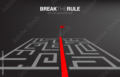 Red arrow route break out of maze to flag. Business concept for problem solving and solution strategy.