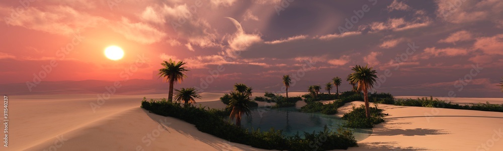 Oasis at sunset in a sandy desert, a panorama of the desert with palm trees, 3d rendering