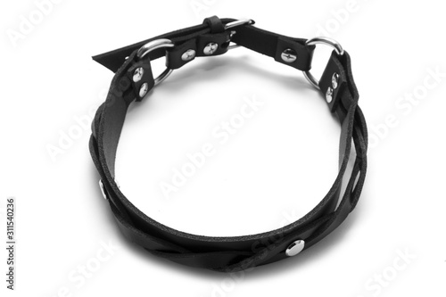 Black leather collar on a white background. Side view