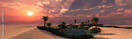 Oasis at sunset in a sandy desert, a panorama of the desert with palm trees, 3d rendering