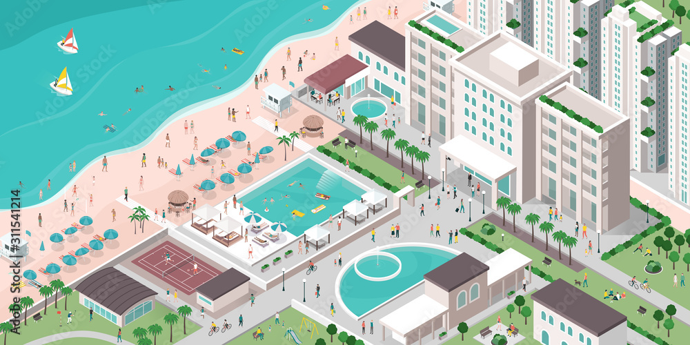 Luxury hotel resort with people, buildings and beach Stock Vector ...