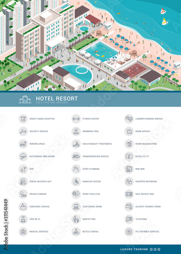 Luxury hotel resort with people, buildings and beach