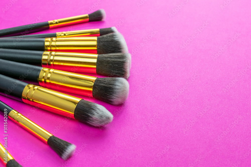 Pink background. Makeup brushes isolated on pink with copy space Pink background. Makeup brushes isolated on pink with copy space