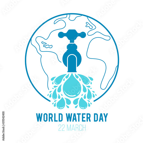World water day simple faucet or water tap with a drops of water and world line background vector design