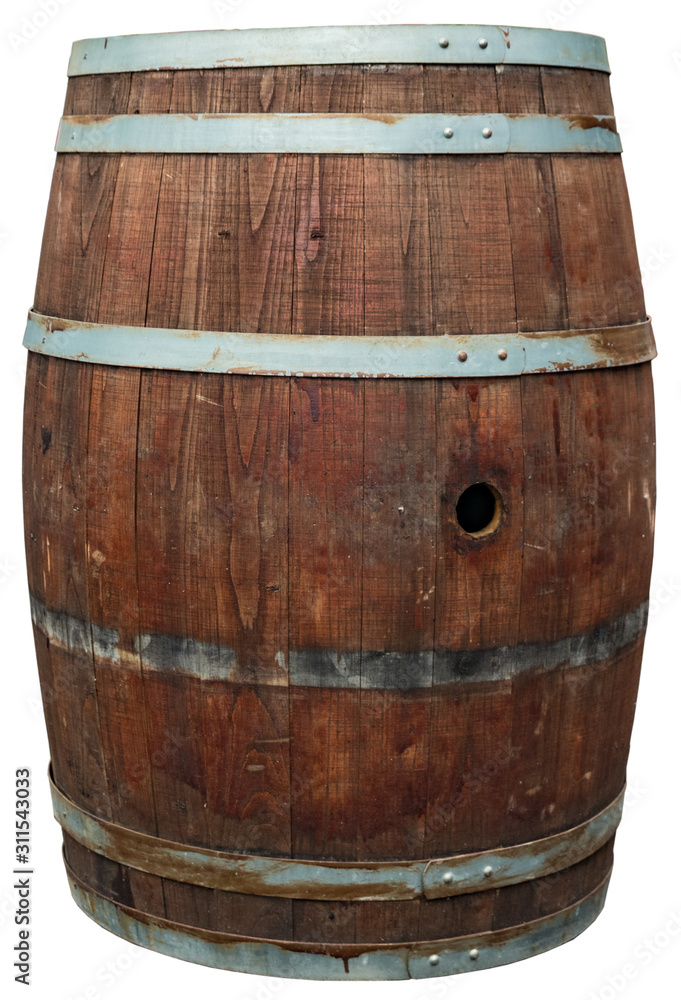 Wooden barrel without cork with iron rings varnished and set to dry. Isolated on white background Wooden barrel without cork with iron rings varnished and set to dry. Isolated on white background
