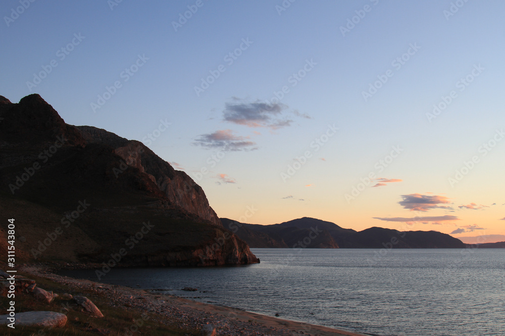 sunset on coast of sea (Baikal lake, Siberia)