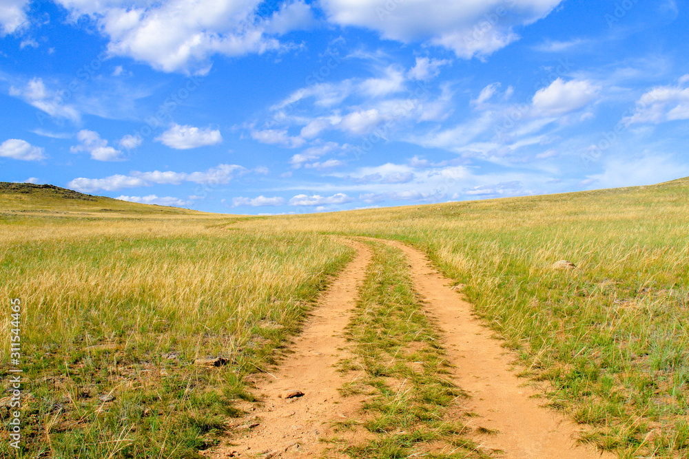 desert road in yellow grass and clouds