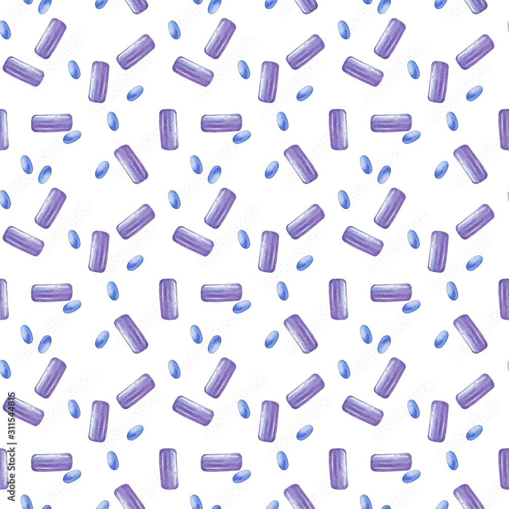 Watercolor pattern with violet and blue sweets. Cute sweet candies on a white background in cartoon style. Food illustration for packaging, paper, textile Watercolor pattern with violet and blue sweets. Cute sweet candies on a white background in cartoon style. Food illustration for packaging, paper, textile