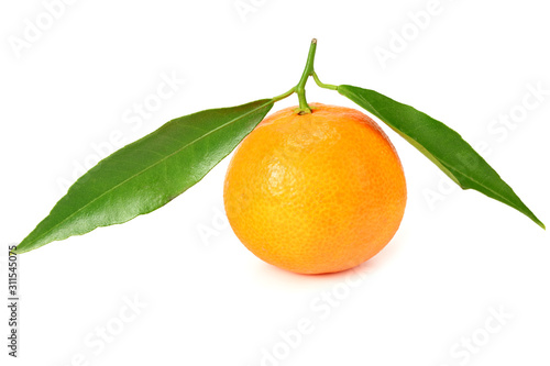 mandarin with green leaves isolated on white background