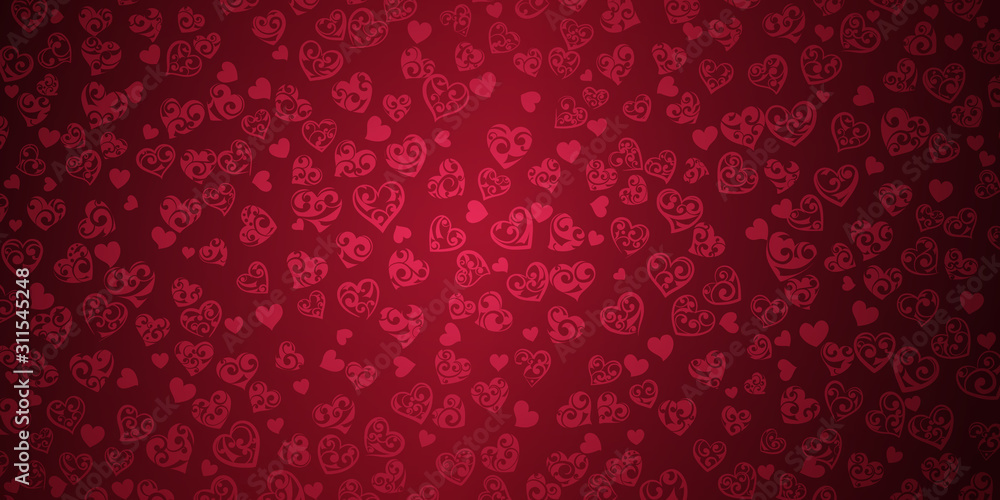 Background of big and small hearts with ornament of curls, in crimson colors