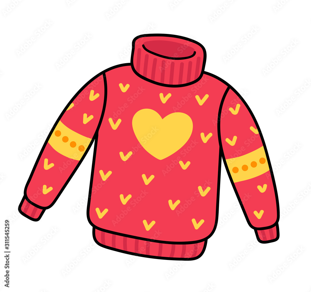 Red knitted sweater with yellow heart. Cute pullover. Simple vector illustration. Stock Vektorgrafik Adobe Stock
