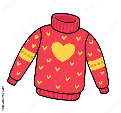 Red knitted sweater with yellow heart. Cute pullover. Simple vector illustration.
