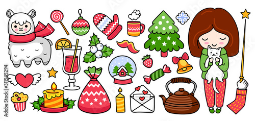 Pine tree, alpaca, candle, snow ball, mistletoe, girl holding white cat. Kawaii christmas stickers, pins and prints. Set of vector illustration.