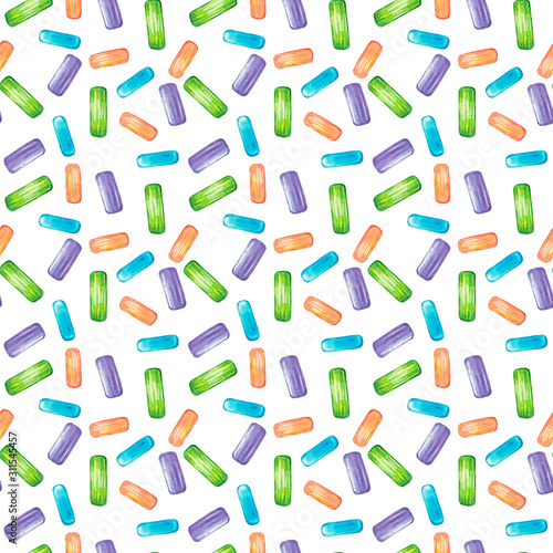 Watercolor pattern with green, orange, violet, blue sweets. Multicolored rectangular sweet candies on a white background in cartoon style. Food illustration for packaging, paper, textile.