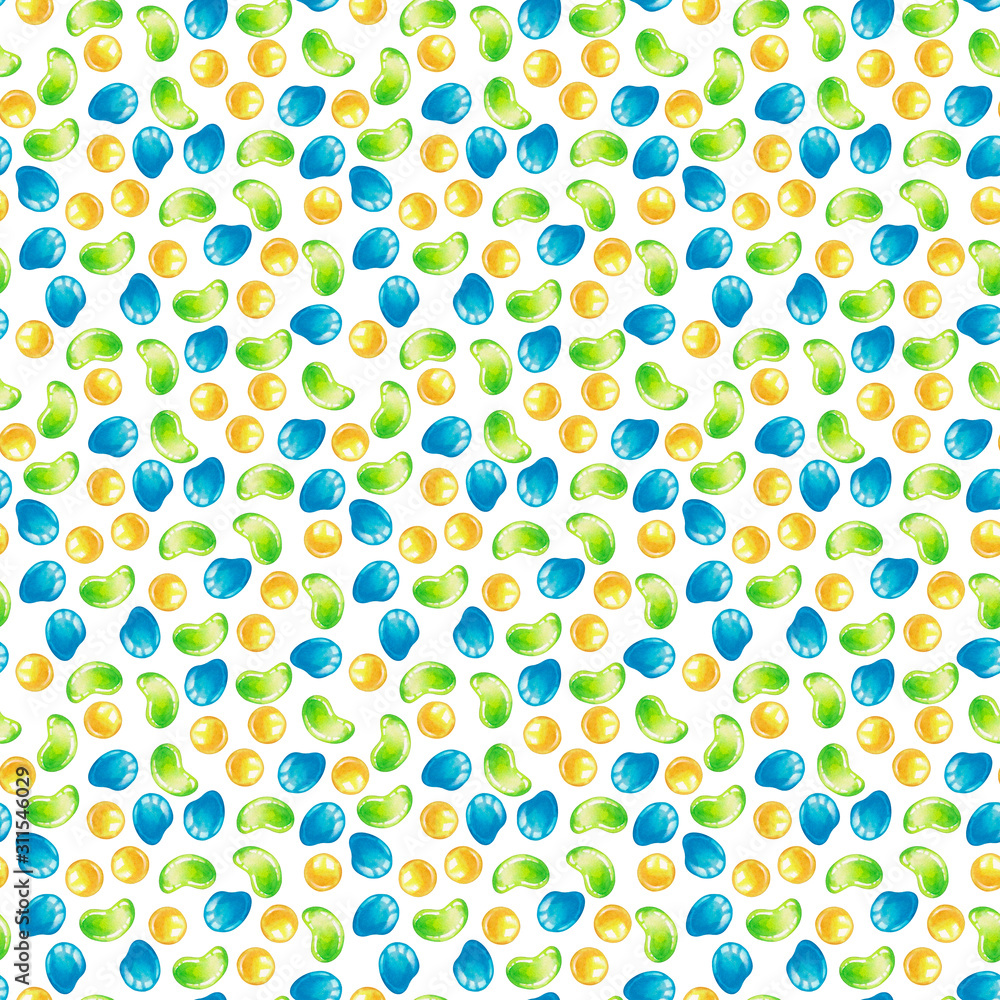 Watercolor pattern with blue, green, yellow sweets. Sweet candies on a white background in cartoon style. Food illustration for packaging, paper, textile. Watercolor pattern with blue, green, yellow sweets. Sweet candies on a white background in cartoon style. Food illustration for packaging, paper, textile.