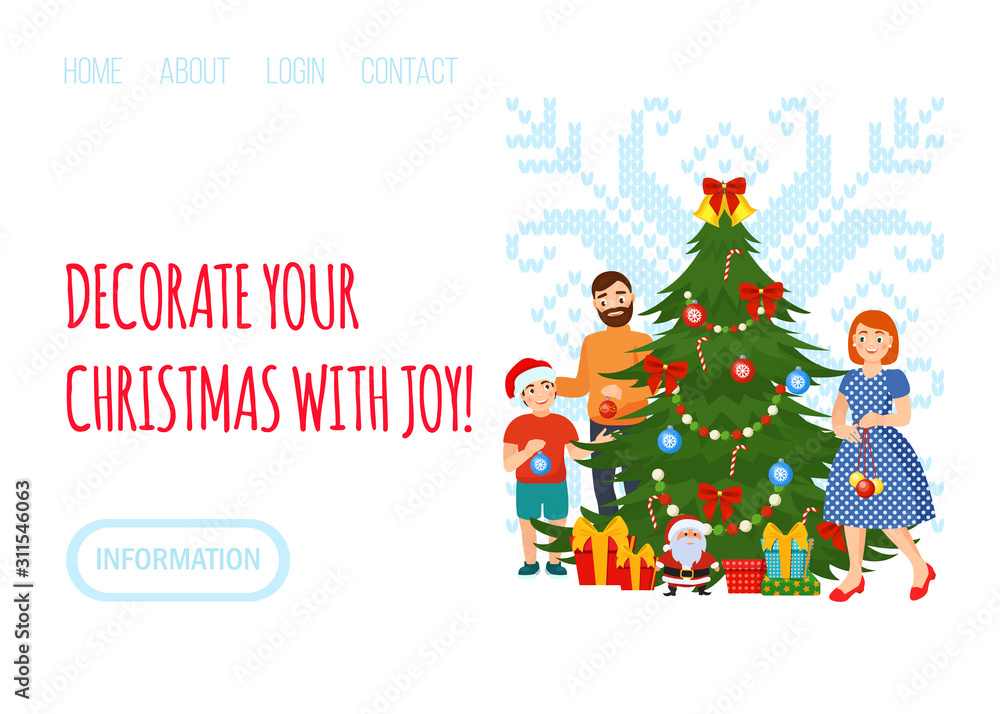 Naklejka premium Christmas tree and people family vector illustration for web page landing internet site.