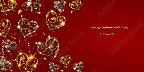 Valentine's day card with shiny hearts of silver and golden sparkles with glares and shadows on red background