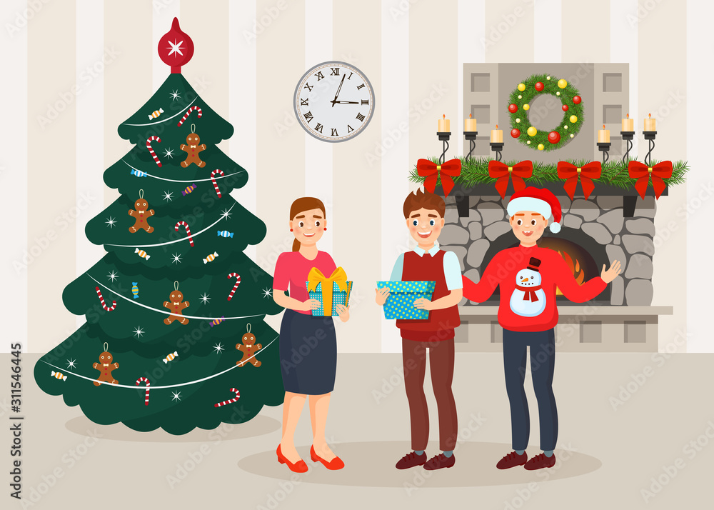 Christmas and New Year celebration with gifts in happy family vector illustration. Christmas and New Year celebration with gifts in happy family vector illustration.