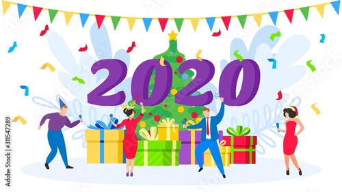 New Year party, dancing people, Christmas tree, gifts vector isolated illustr...
