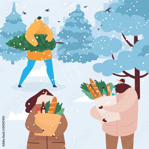 People walk in winter with groceries bags, xmas tree for celebration vector illustration.