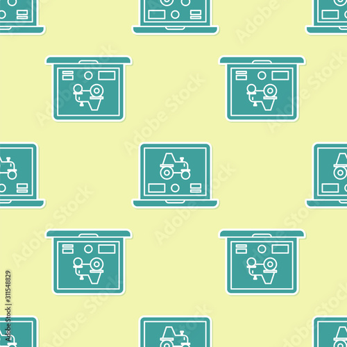 Green Laptop application for control a autonomous tractor on a smart farm icon isolated seamless pattern on yellow background. Smart agriculture implement.  Vector Illustration