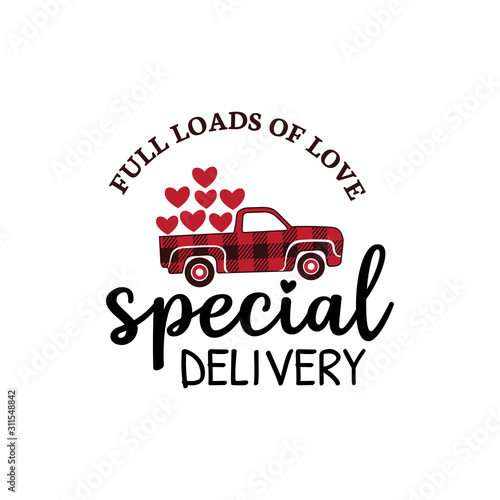 special delivery red buffalo plaid old truck with load of heart valentine theme graphic design vector for greeting card and t shirt print