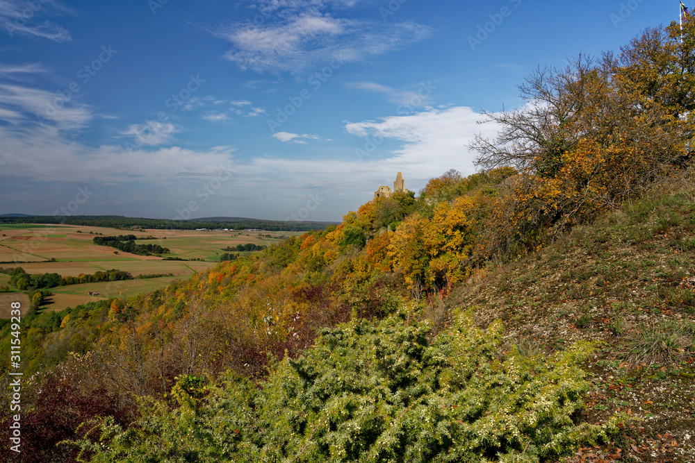 Obraz premium Burgruine Homburg und Naturschutzgebiet Ruine Homburg,Unterfranken, Franken, Bayern, Deutschland