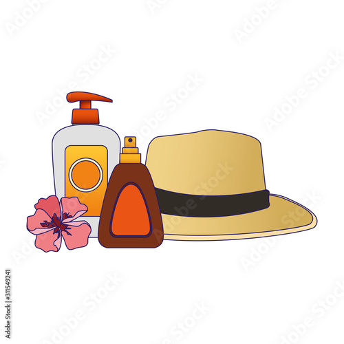 hat and sun bronzer bottle icon, colorful design