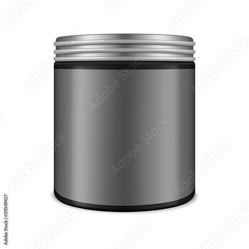Black round cosmetic jar with screw lid and blank label, realistic mockup. Round container, vector mock-up. Beauty or medical product packaging, template
