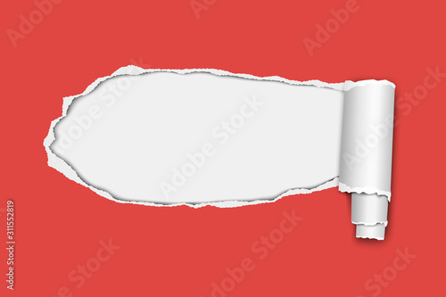 Vector oblong snatched hole from left to right in red sheet of paper with paper curl and white background in resulting window. Paper mock up.