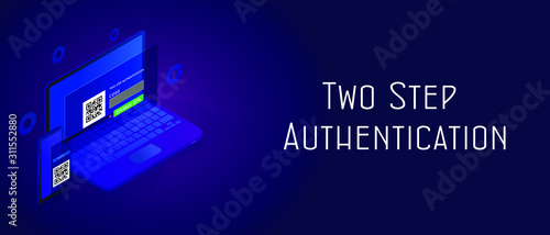 Two step authentication secure concept. Enable 2FA 2 steps verification password code. Isometric smartphone and laptop with UI UX authentication login form. Header and footer banner template with text