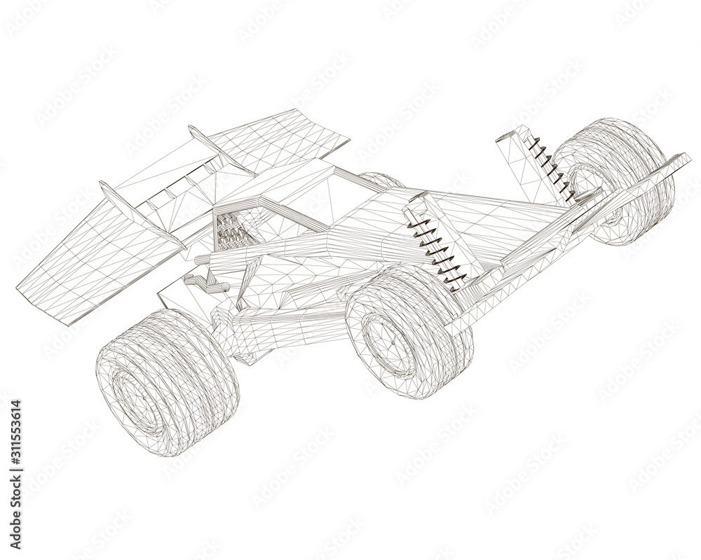Wireframe toy sports car. View perspective. Machine wireframe from black lines isolated on a white background. 3D. Vector illustration