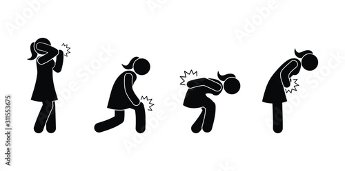 Icons of pictograms of figures of a girl with pain, trauma, soreness, problems. A woman having pain and discomfort in different parts of the body.