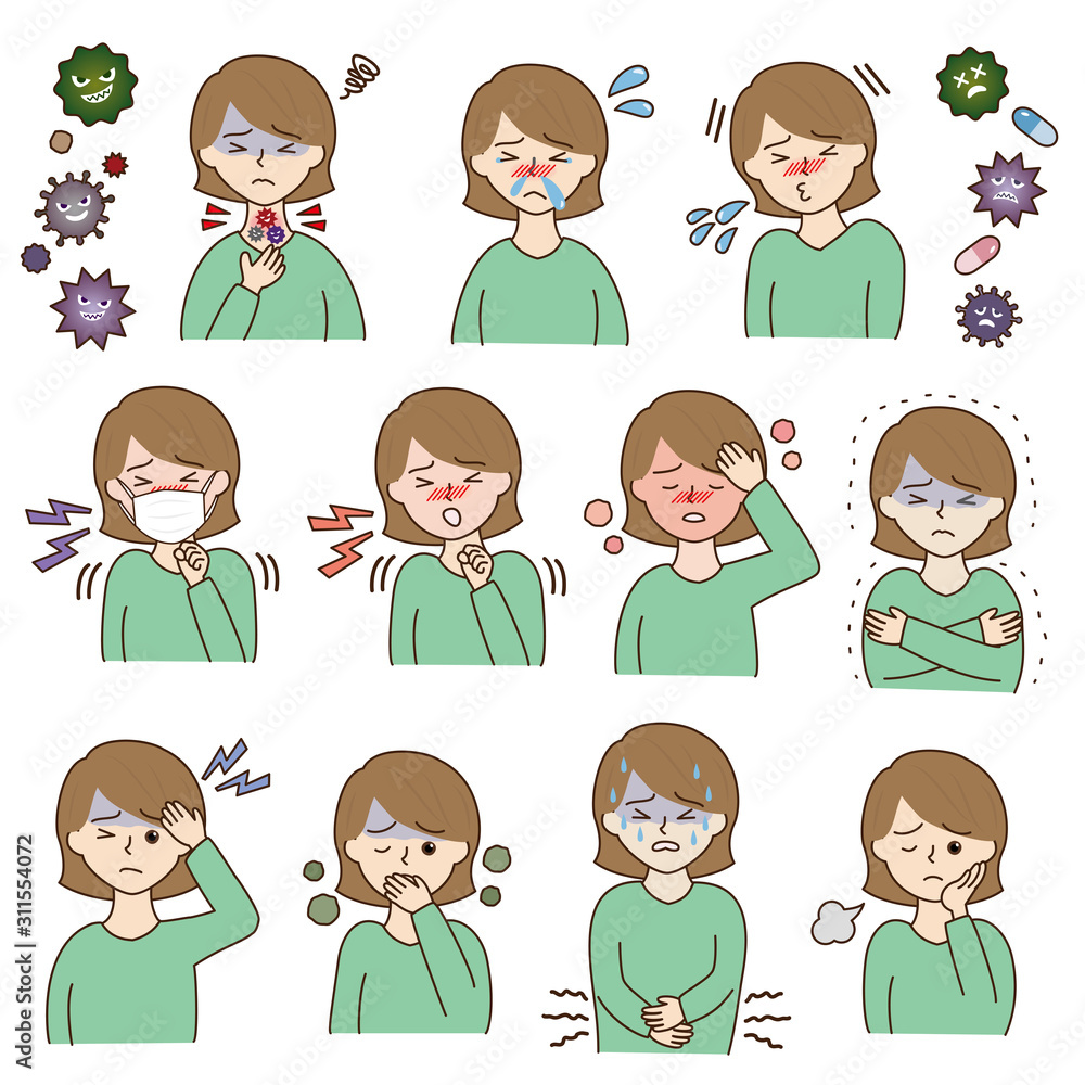 体調不良セット　若い女性　黒ふち　線画