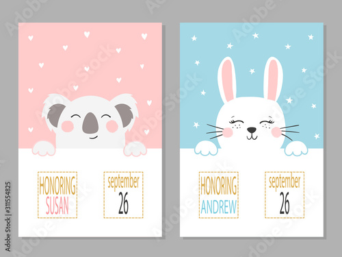 Baby shower posters with cute animals. Newborn announcement cards vector illustration.