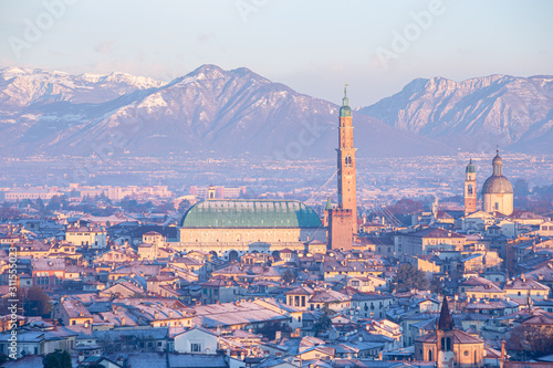 Aerial view of the city of Vicenza in Italy at sunrise in a winter day. The city of Palladio, from the name of the architect who designed most of his works here in the late Renaissance.