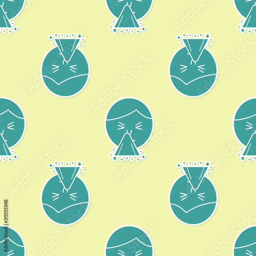 Green Man holding handkerchief or napkin to his runny nose icon isolated seamless pattern on yellow background. Coryza desease symptoms.  Vector Illustration