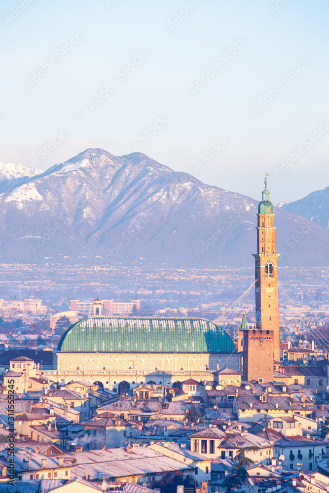 Aerial view of the city of Vicenza in Italy at sunrise in a winter day. The city of Palladio, from the name of the architect who designed most of his works here in the late Renaissance.
