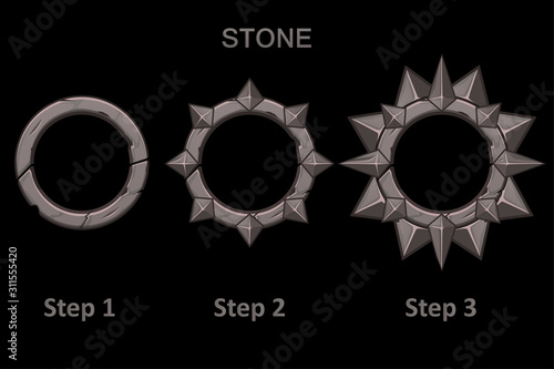 Set of stone frames app with spikes in 3 steps to progress.