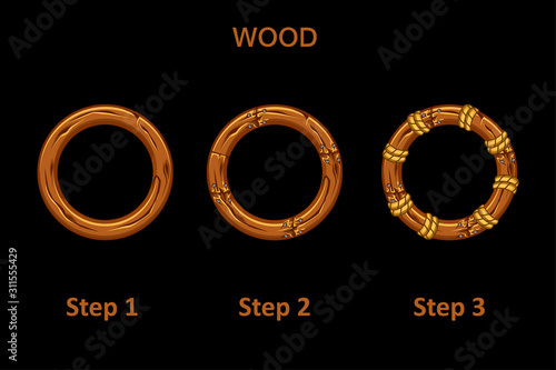 Set of wooden round frame app, 3 steps to progress.