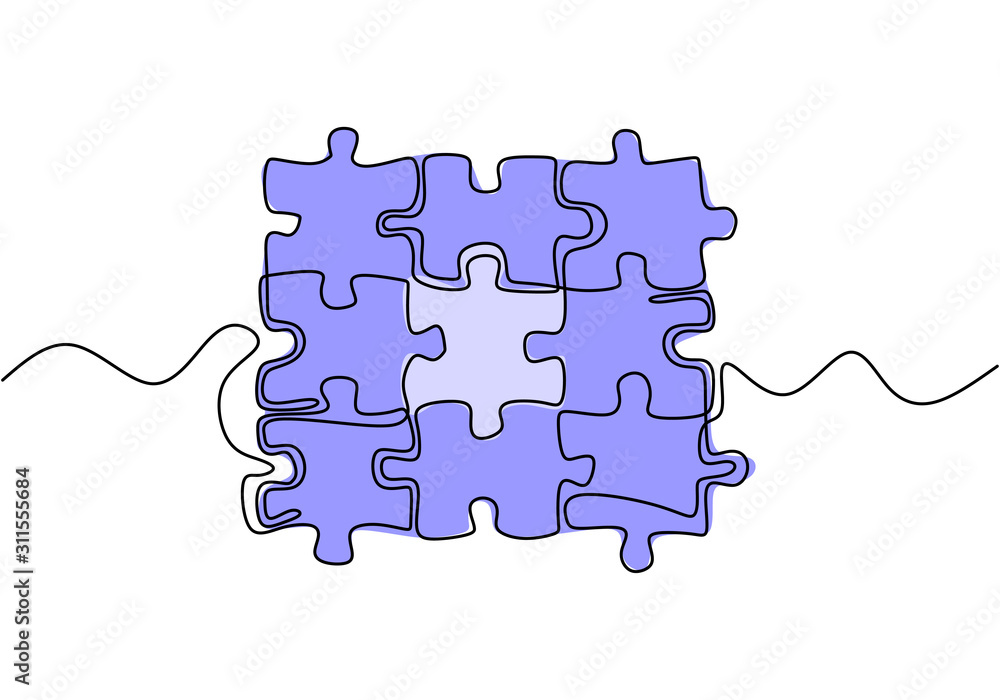 Continuous line drawing of jigsaw puzzle vector. Connecting and problem  solving business metaphor with single one lineart style. Minimalism sketch  hand drawn. Stock Vector | Adobe Stock