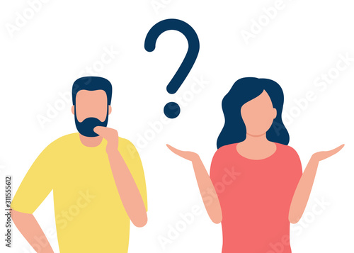 Thoughtful man and doubting woman with question mark. People solve problem, choose solution. Concept of dispute, conflict, deadlock. I do not know. Vector flat design illustration
