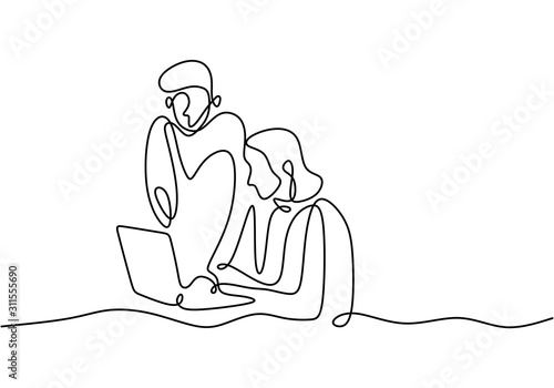 Continuous one line drawing of business briefing and instruction. Man and his secretary with laptop.